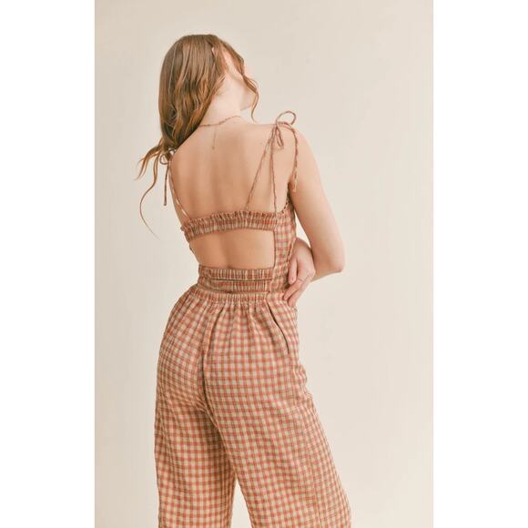 Sadie & Sage NWT Orange Gingham Plaid Open Back Smocked Wide leg Jumpsuit sz L - Picture 4 of 11